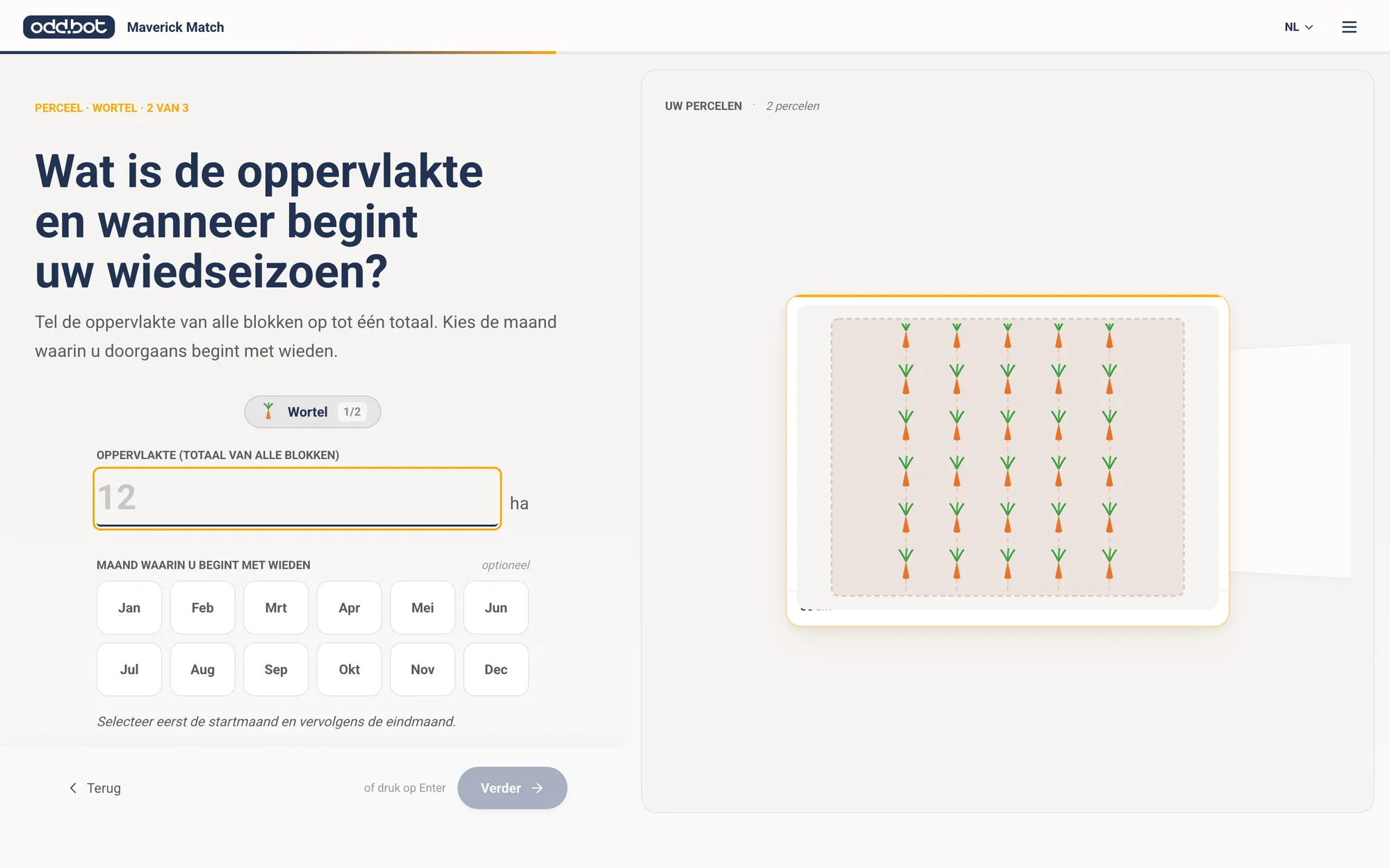 Oppervlakte en wiedseizoen, met het perceel ernaast in beeld.