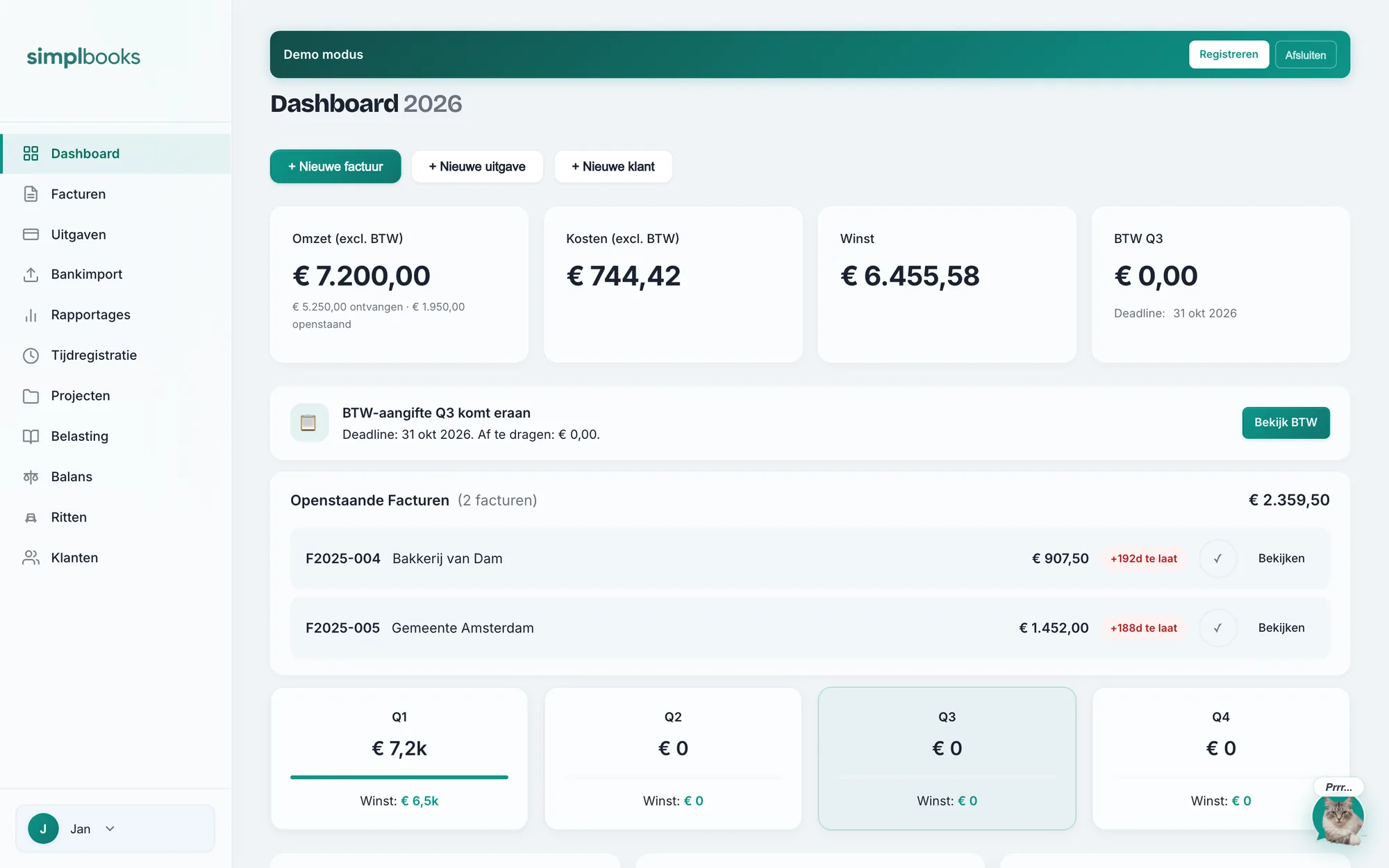Het dashboard: omzet, kosten, winst en de btw van dit kwartaal.