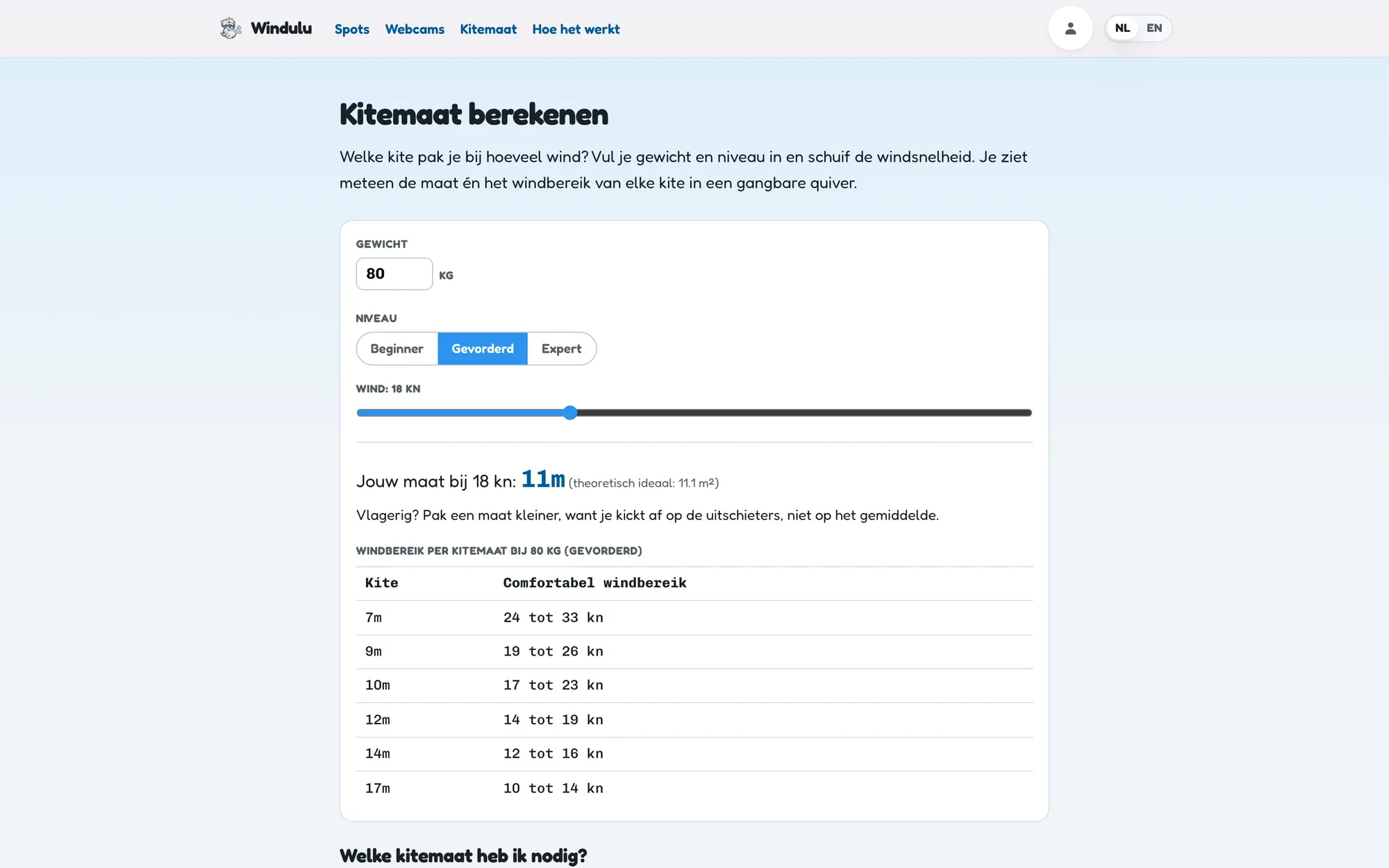De kitemaat-calculator: je gewicht en niveau, en welke kite bij welke wind.