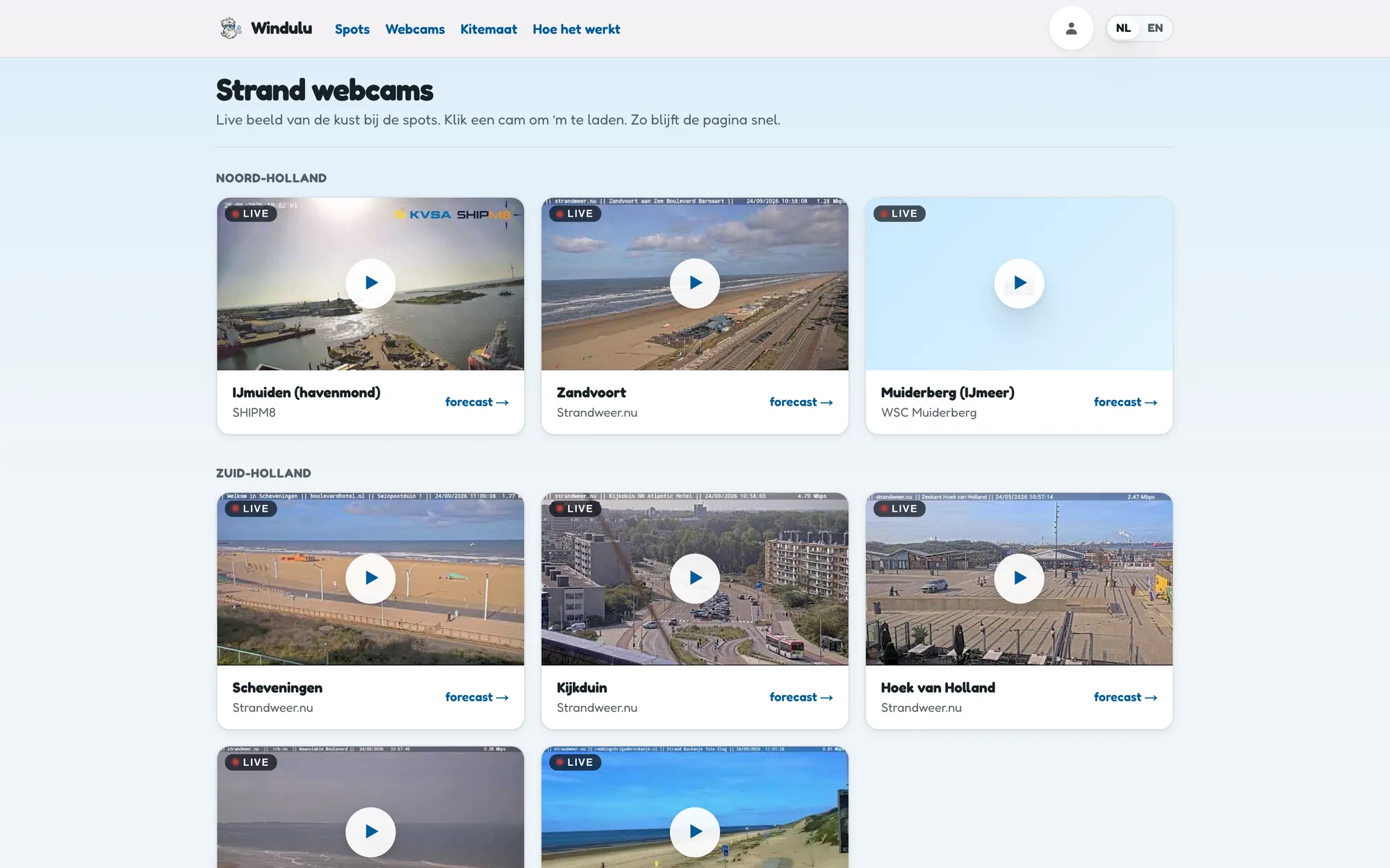 Webcams per regio. Ze laden pas als je erop klikt, zodat de pagina snel blijft.
